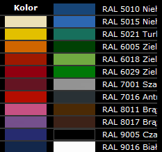 Wzornik dostępnych kolorów RAL